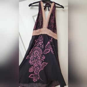 Pink Floral & Lace Halter Summer Sun Halter Dress Size M-L